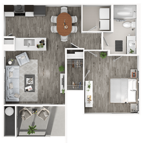 A top-down view of a modern apartment layout with a living room, kitchen, and bedroom.